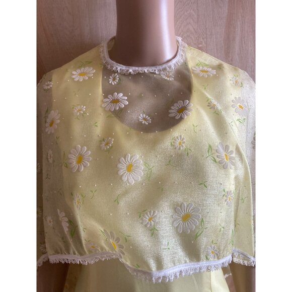 1960s Polyester Handmade Yellow Maxi Dress Sheer Floral Overlay Sz S Cottagecore - Picture 8 of 16
